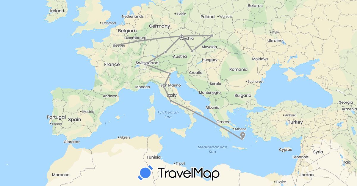 TravelMap itinerary: driving, plane in Austria, Switzerland, Czech Republic, Germany, France, Greece, Italy, Poland (Europe)