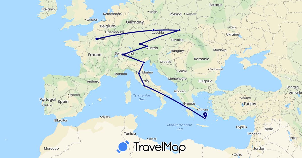 TravelMap itinerary: driving in Austria, Switzerland, Czech Republic, Germany, France, Greece, Italy, Poland (Europe)