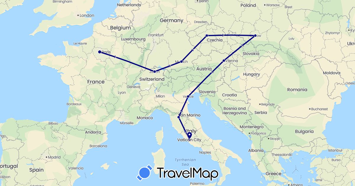 TravelMap itinerary: driving in Austria, Switzerland, Czech Republic, Germany, France, Italy, Poland (Europe)
